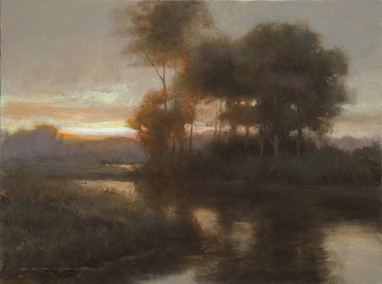 “Trout Stream at Dusk, Psalms 25:9” 9x12 Oil